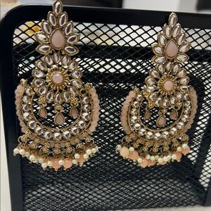 Peach earnings, chandelier gold bead pearls, indian Pakistani costume jewlry.
